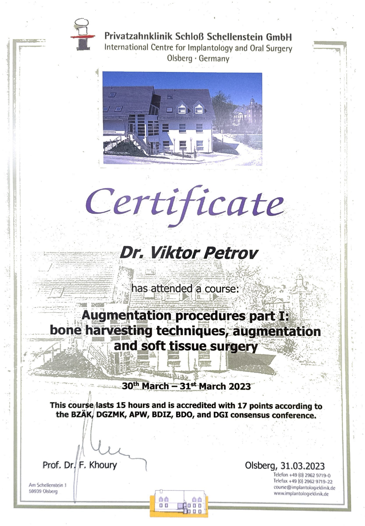 Certificat de formation dentaire continue Dr Viktor Petrov