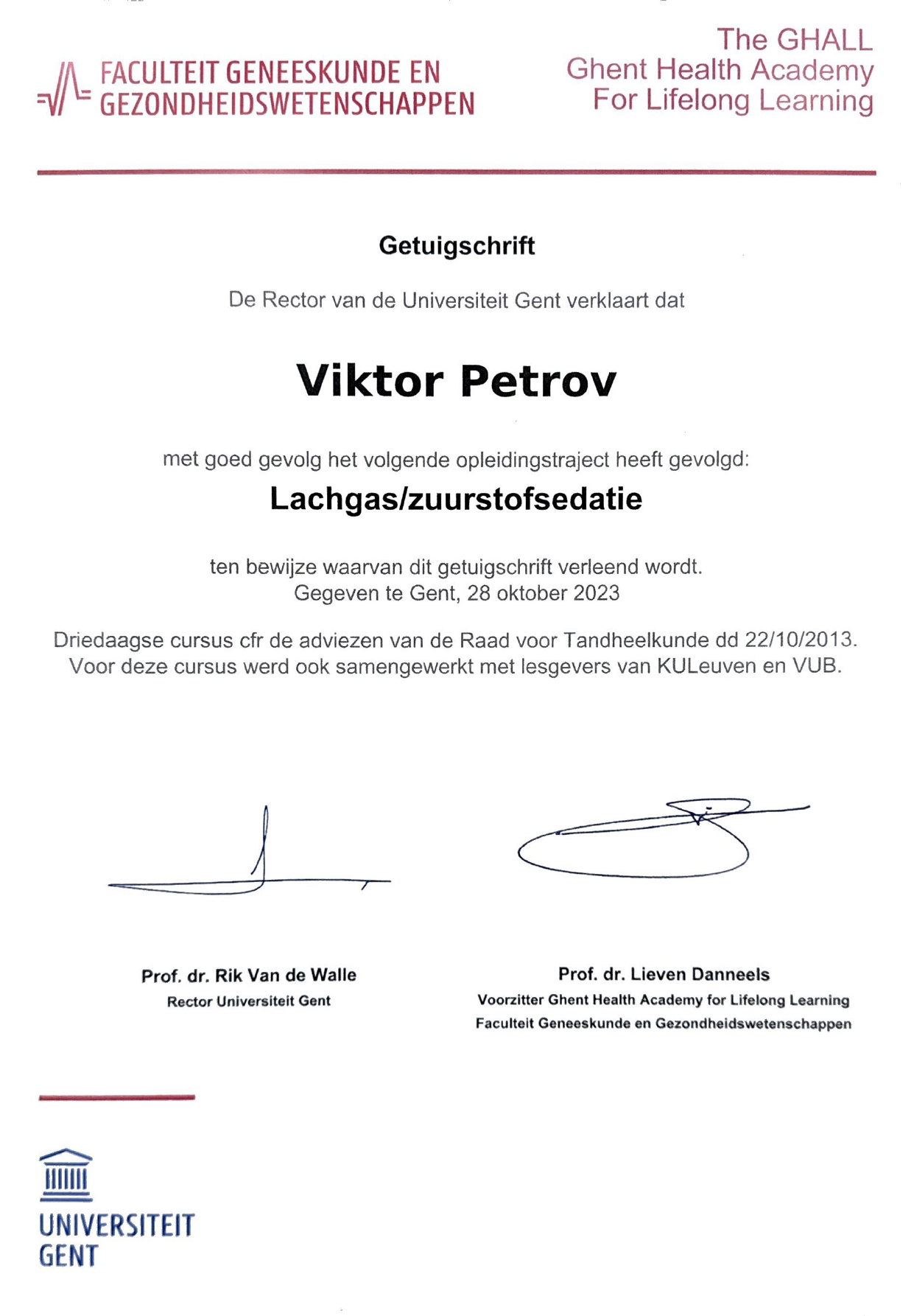 Certificat de cours dentaire spécialisé Dr Viktor Petrov