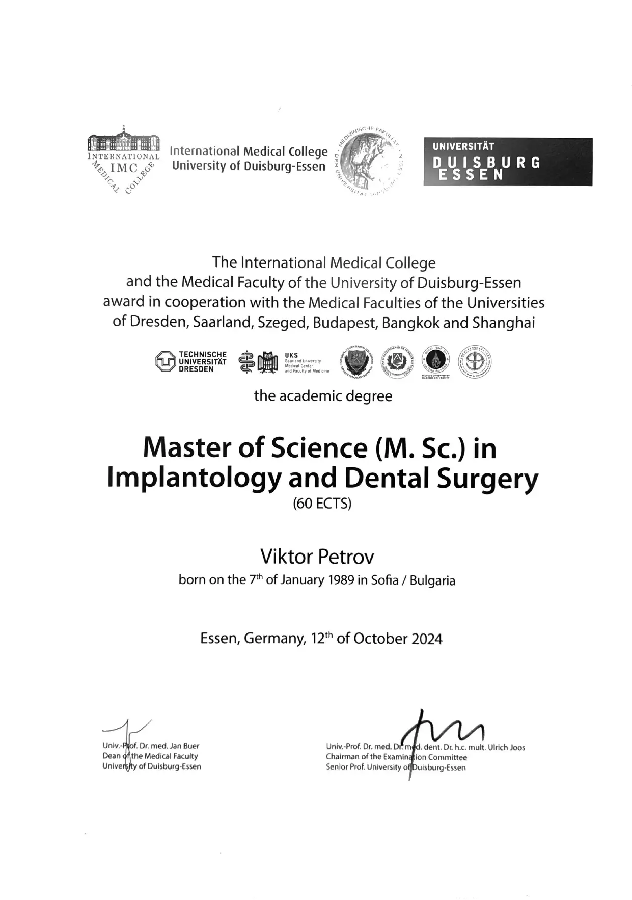 Certificat professionnel en dentisterie du Dr Viktor Petrov