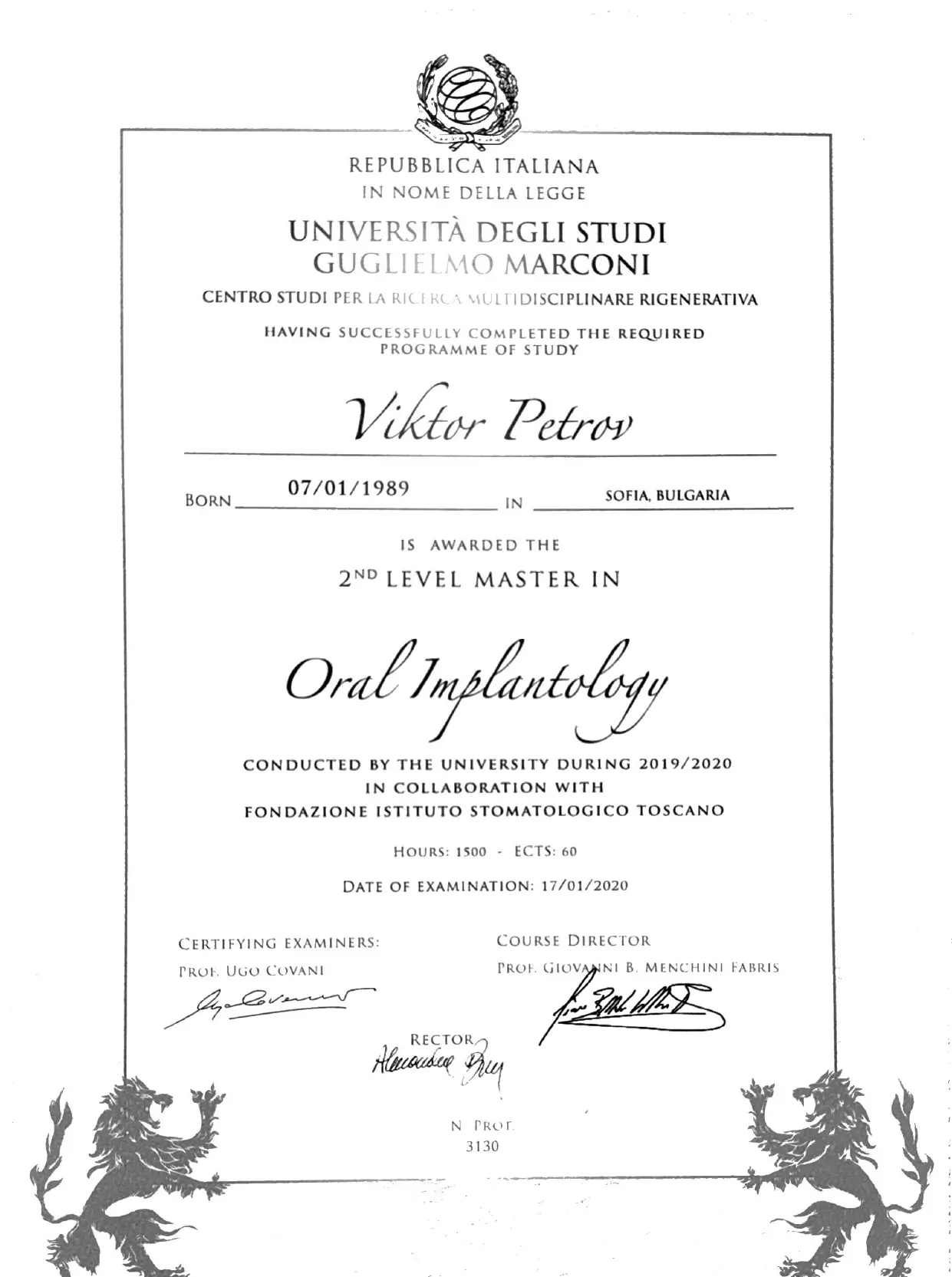 Certificat professionnel en dentisterie du Dr Viktor Petrov